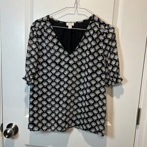 J Crew‎ Black White Fan Print V Neck Ruffle Sleeve Blouse Top Women's Size S